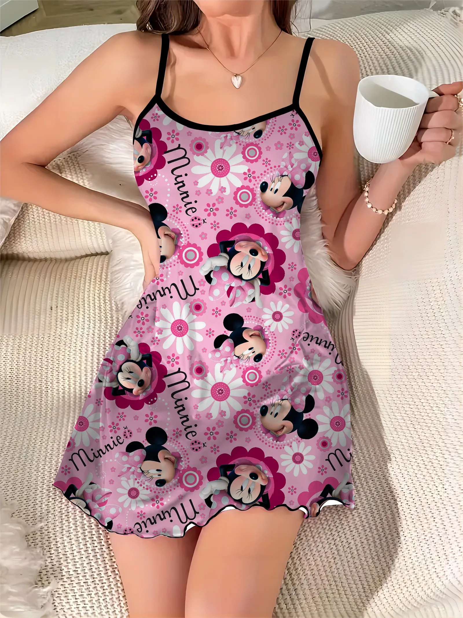 Sexy Dress Mickey Disney Crew Neck Lettuce Trim Minnie Mouse Fashion Summer Dresses 2024 Satin Surface Pajama Skirt Elegant Chic