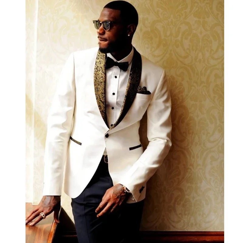 

2 Piece Wedding Groom Tuxedo With Floral Shawl Lapel Men Suits Custom Male Fashion Costume White Jacket Black Pants 2024
