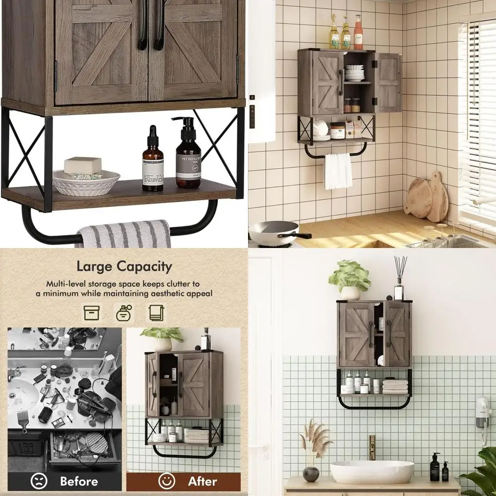 

Rustic Barn Door Medicine Cabinet with Adjustable Shelf and Towel Bar, 3-Tier Wall Storage for Bathroom and Living Room in Washe