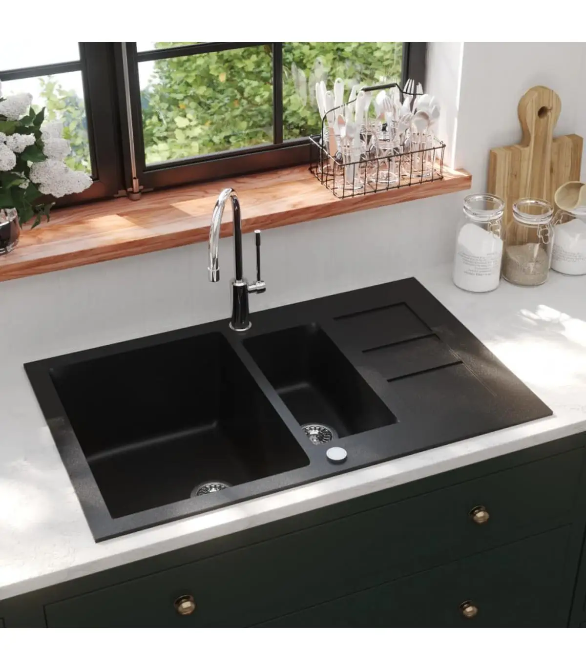 Black two-breasted granite kitchen sink sinks