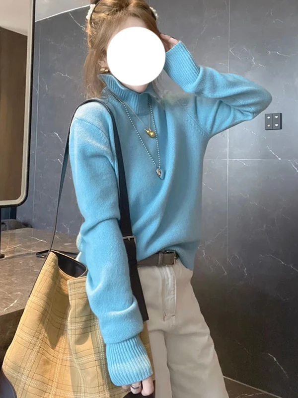 سترة نسائية ناعمة زرقاء بياقة عالية، موديل جديد للخريف والشتاء، ملابس داخلية محبوكة مريحة ذات إحساس فاخر