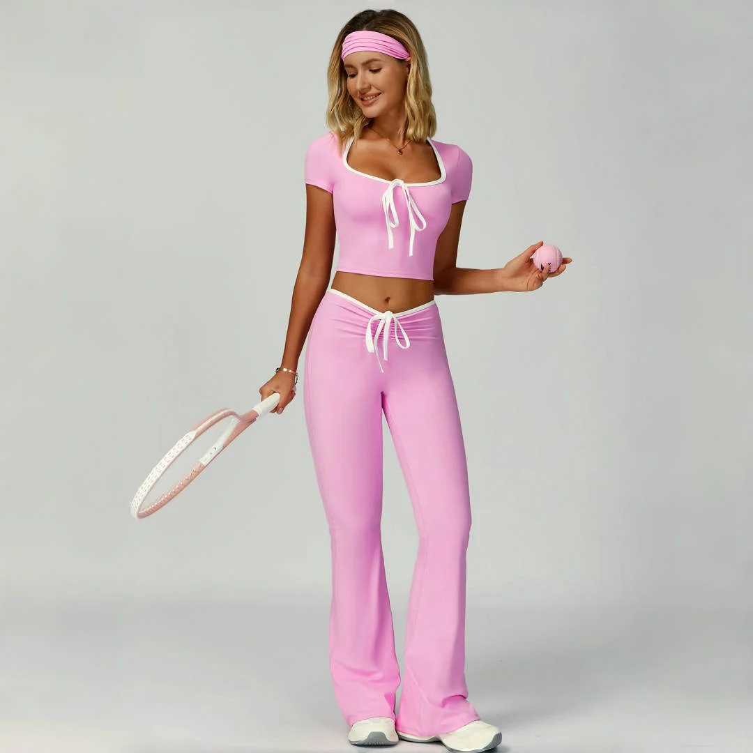 

New Women's Yoga Set Sports Fitness High Waist Slim Contrasting Color Peach Hip Gym Suit Flare Bottoms Casual Outdoor Sports Set