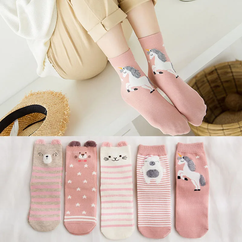 5 أزواج موضة ملونة أربعة الموسم Harajuku الكورية النساء جوارب قطنية النساء Kawaii لطيف الكرتون القط الباندا حزمة الجوارب للفتيات