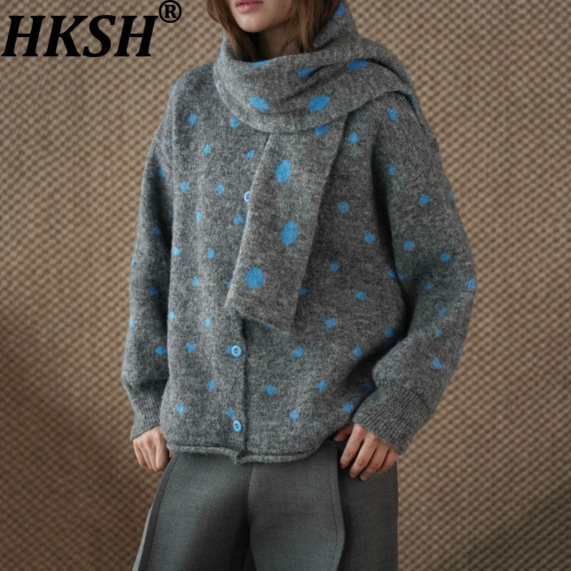 

HKSH осень-зима новый женский свитер в горошек с круглым вырезом однобортный шарф вязаный кардиган элегантные повседневные трендовые топы HK15690