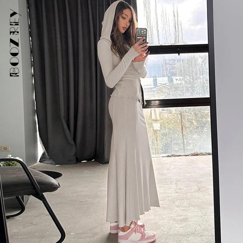 

BoozRey Solid Causal Cardigan Zipper Hoodie Long Sleeve Top Long Skirt Suit Women Outfits Autumn Winter Two Piece Set Streetwear