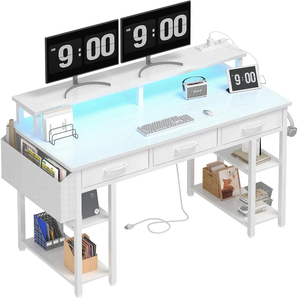 

Белый компьютерный стол Lufeiya с тканевыми ящиками, 47-дюймовый стол для домашнего офиса с полками для подставки для монитора, игровые столы для письма