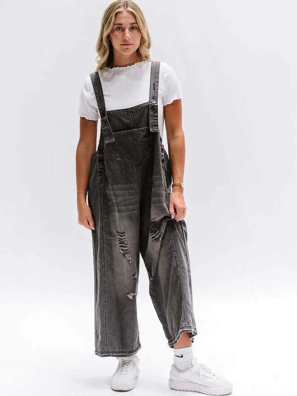 Macacão jeans de perna larga feminino vintage desbotado buraco cintura alta calças de perna reta casual faion primavera verão outono