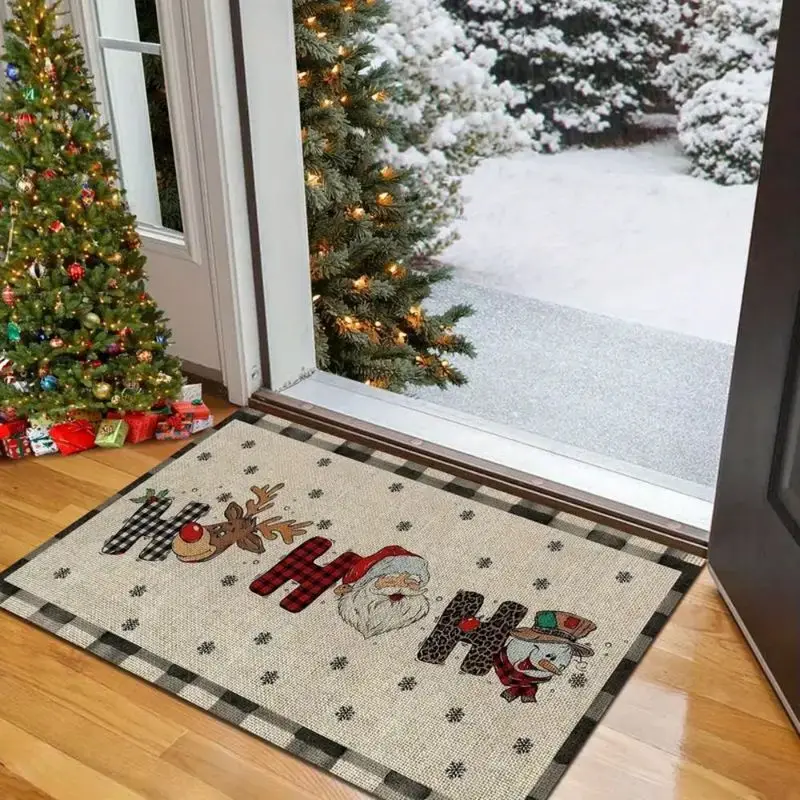 VIKAMA Christmas Crystal Velvet Door Mat Ho Ho Ho Reindeer Santa Snowman Print Non Slip Mat For Front Door Porch Entry Decor