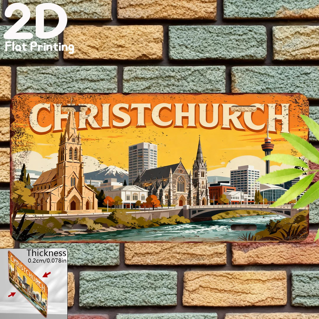 2D Flat, 1pc Vintage Christchurch New Zealand Metal Sign - Retro Industrial Metal Wall Decor with Christchurch Cathedral & River
