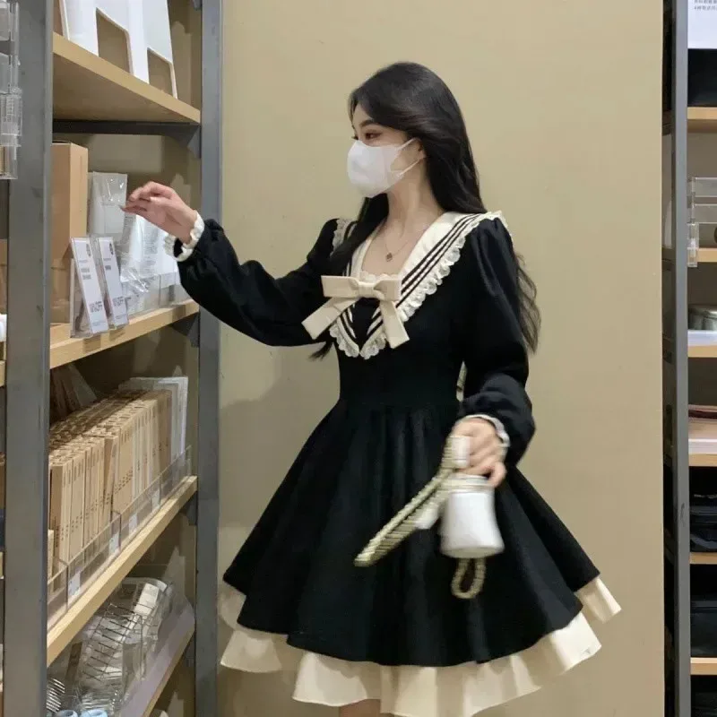 

Темно-морское платье с длинными рукавами, осень 2024, черное платье, женская одежда, пышная юбка, милая dsf2s