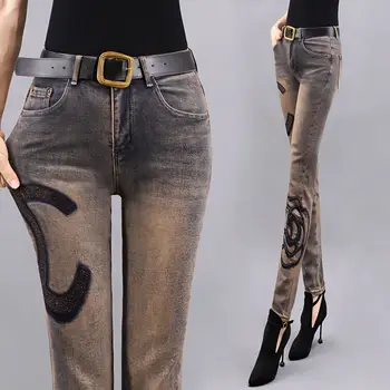 เอวสูงกางเกงยีนส์บางสําหรับผู้หญิงStreetwearความงามพิมพ์JeanกางเกงVINTAGEล้างDENIMกางเกง