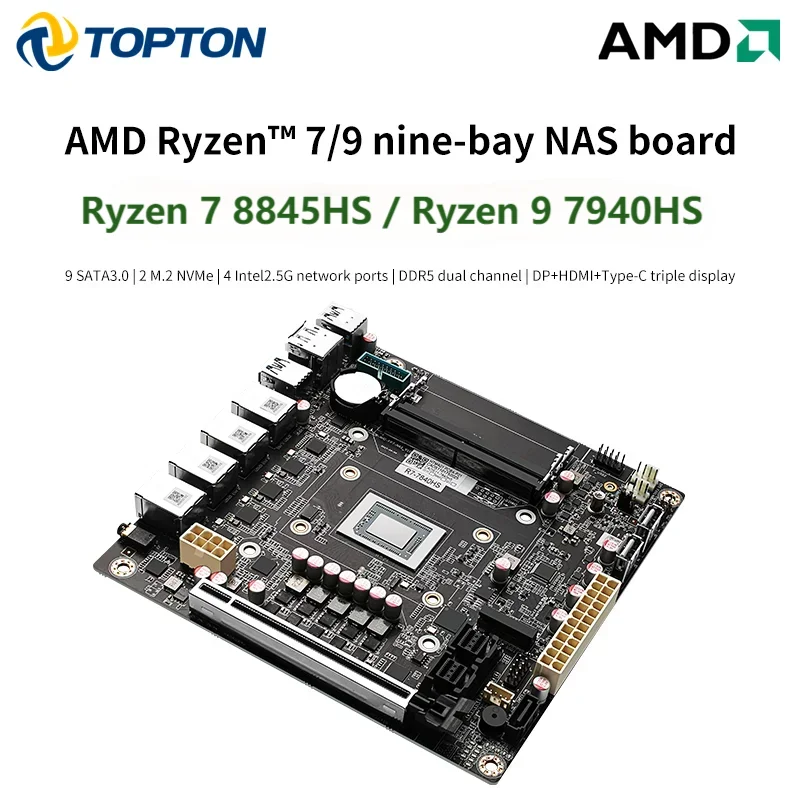 AMD 4x i226-V 2.5G LAN 9-Bay NAS Motherboard Ryzen 7 8845HS 7940HS USB4 9xSATA3.0 2xM.2 NVMe PCIE X16 2xDDR5 17X17 ITX Mainboard