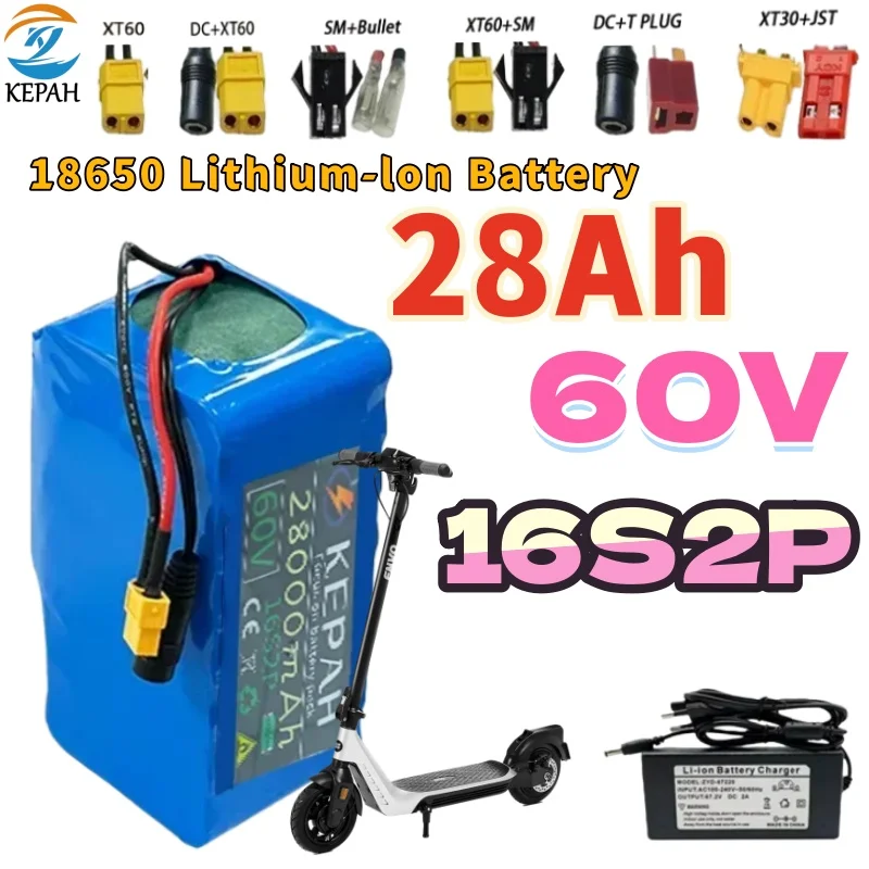 60V 28Ah 18650 16S2P Lithium-Ionen-Akku mit integriertem Hochleistungs-BMS, geeignet für Elektrofahrräder, +2A-Ladegerät