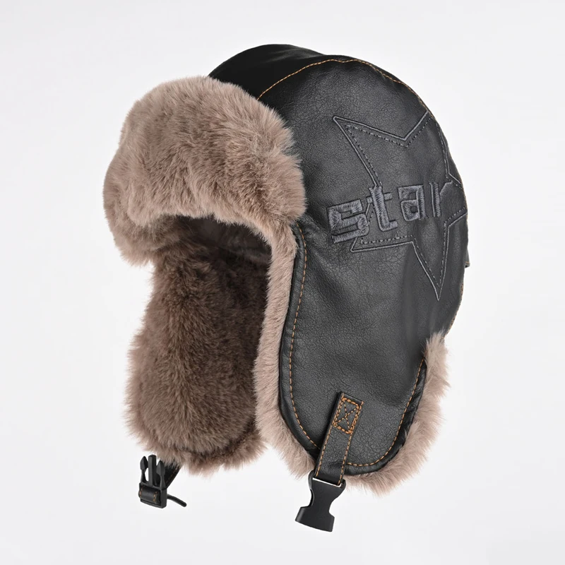 

Men Winter Bomber Hat Outdoor Motorcycle Windproof Warm Faux Fur Pilot Earflap Hat Leather Thermal Ushanka
