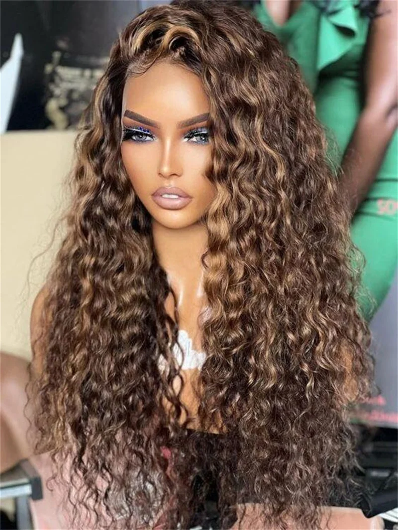 Long Kinky Curly Highlight Blonde Soft 180Density 26Inch Lace Front Wig For Black Women Baby Hair Preplucked Daily Glueless Wig