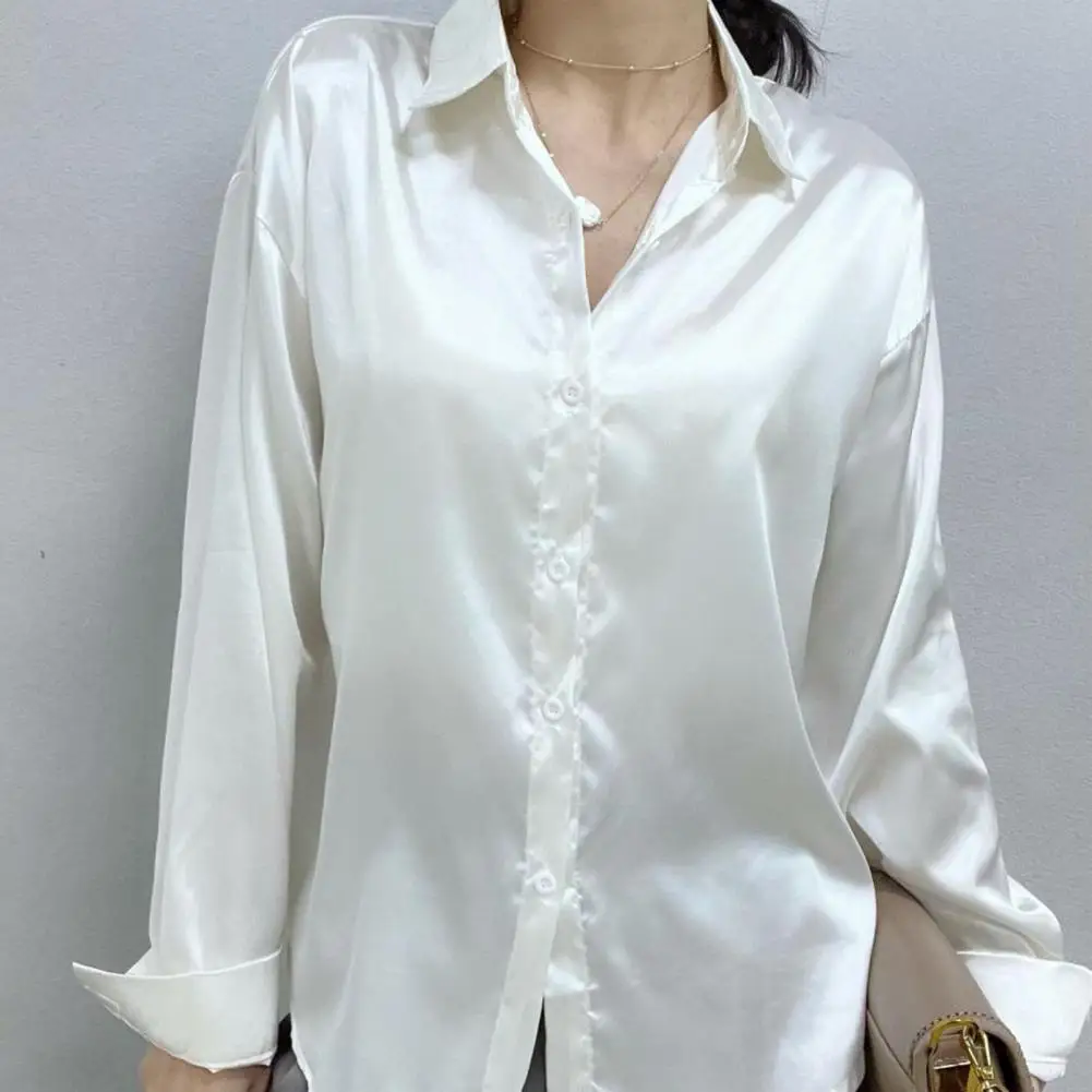 Satin Women Shirt Lapel Single-breasted Loose Elegant Shirts Draped Sense Long Sleeve Shirt Blouse