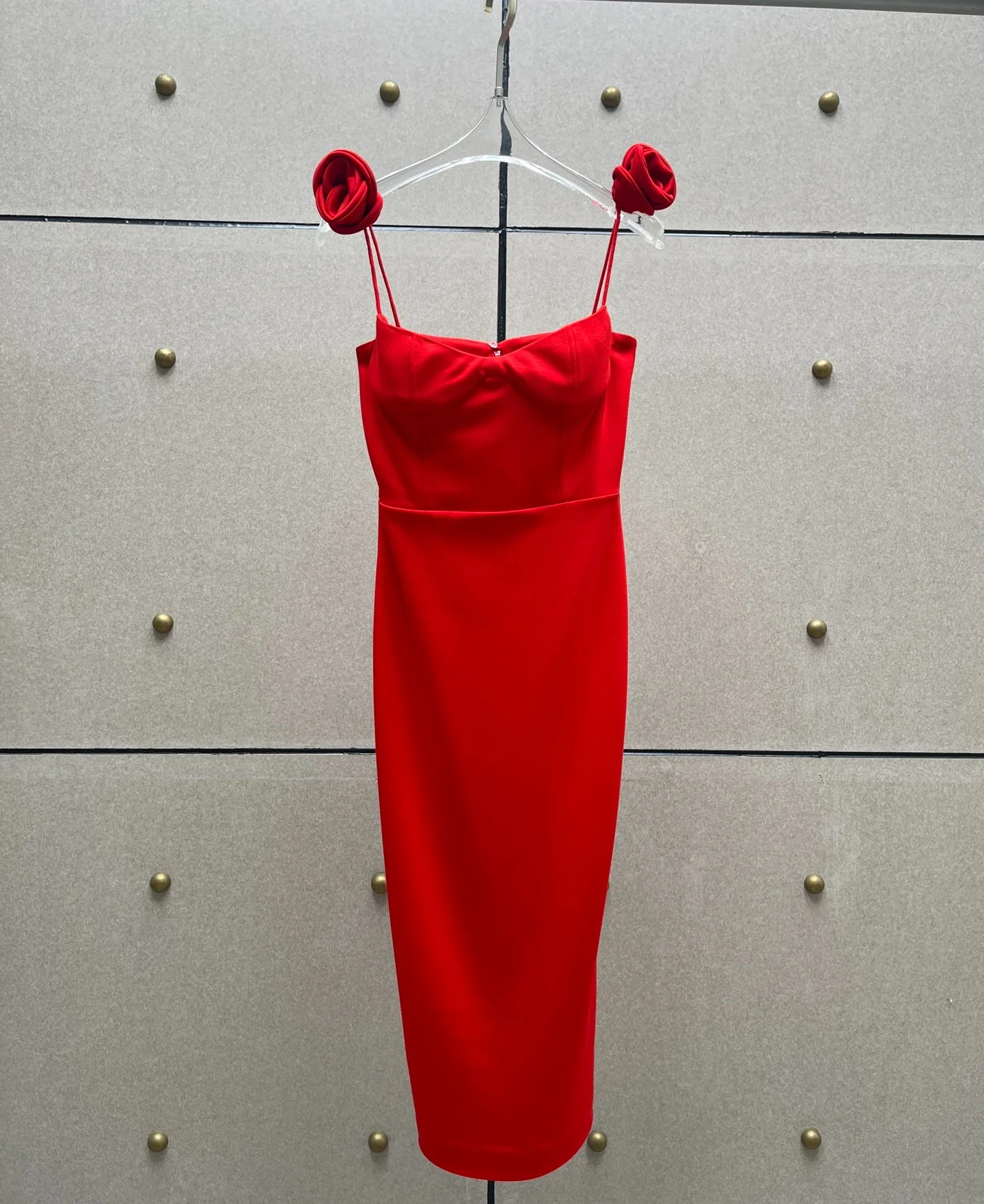 

New Collection Women Red Sleeveless Handmade Roses High Slit Midi Tube Dress