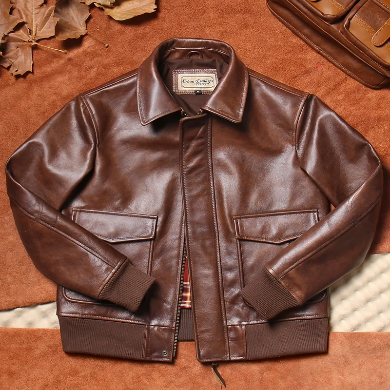 

Американский ретро без воска Dye A2 Верхний слой из воловьей кожи Flight Jaet Повседневный воротник или Мужская верхняя одежда из натуральной кожи