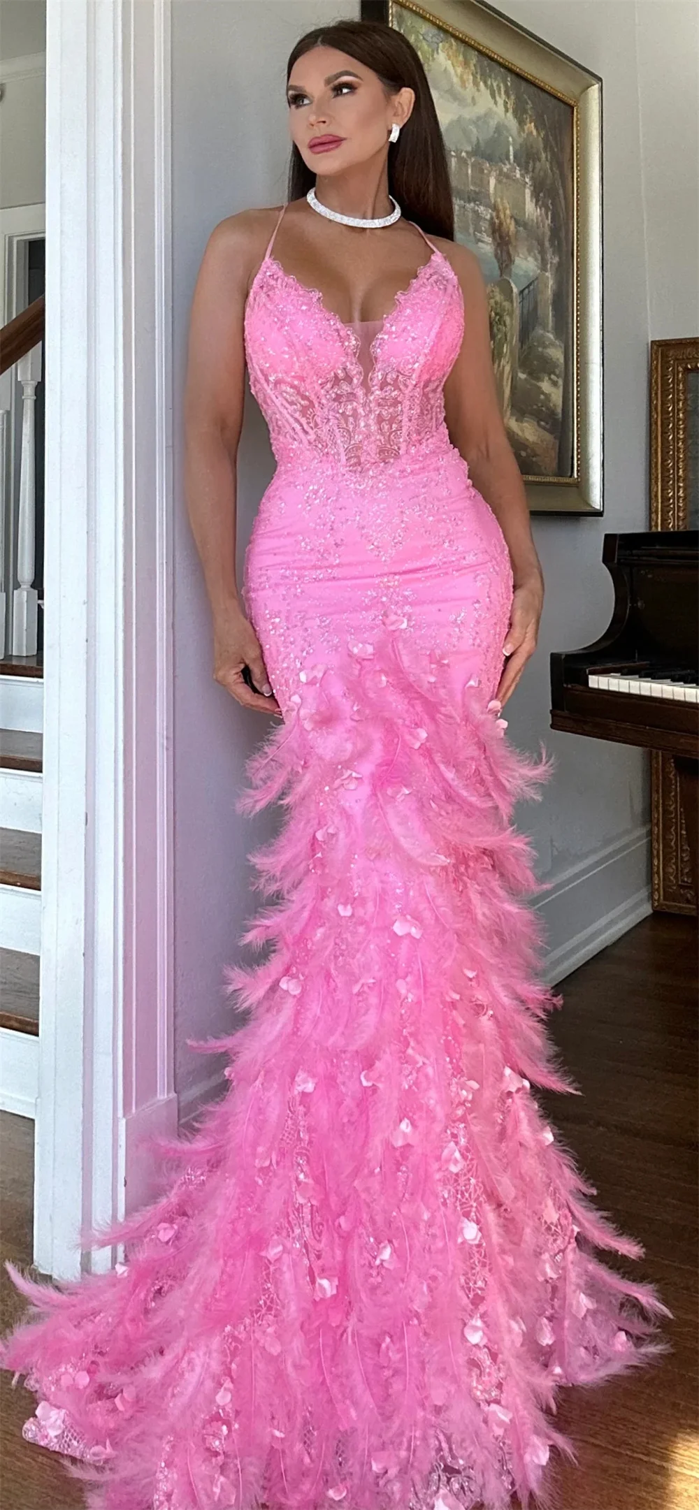 Jessica Hot Pink Wedding Dress Embroidered Feathers Luxury Prom Dresses Mermaid Spaghetti Straps Elegant Vestidos De Fiesta