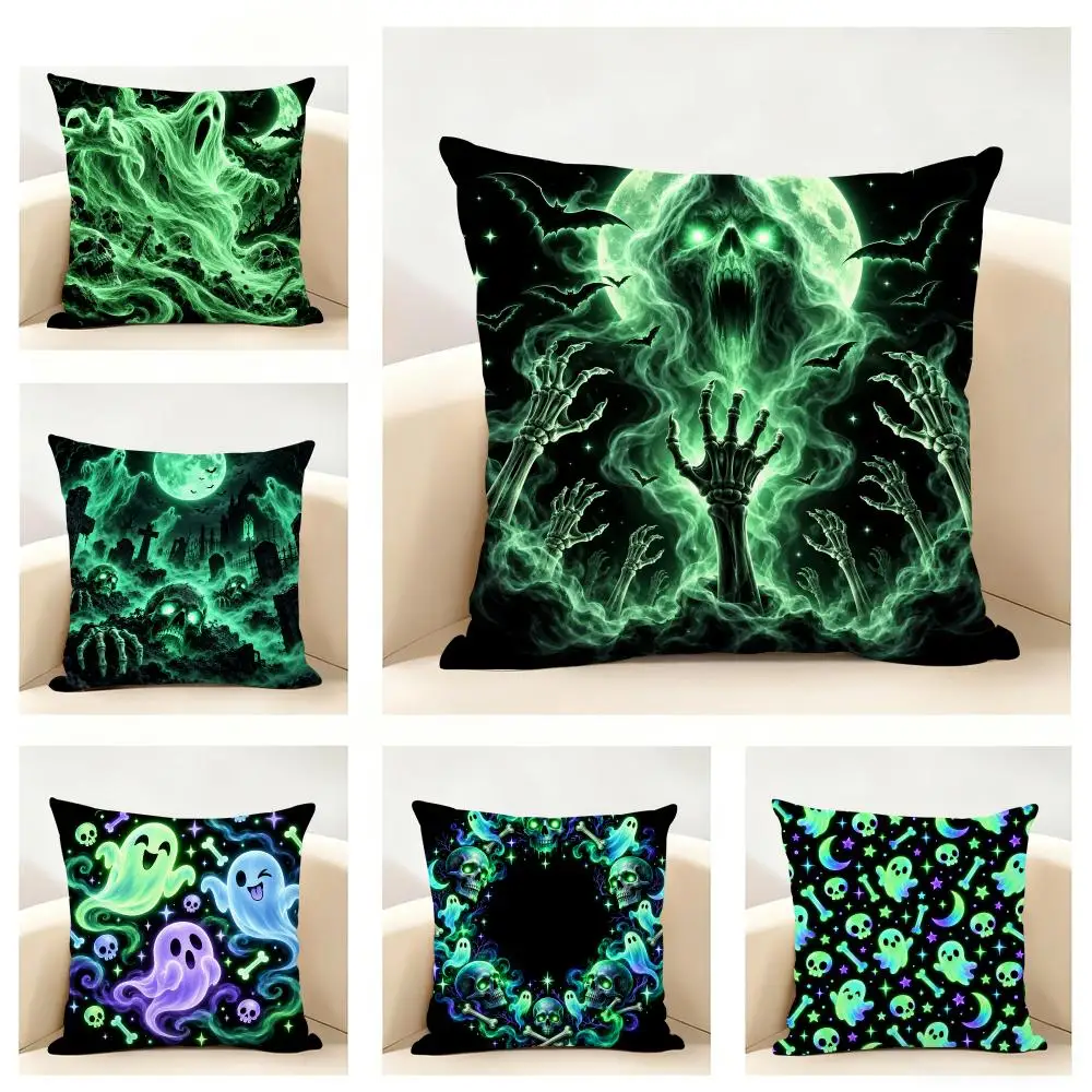 H-Halloween Glow in the Dark Print Cushion Cover Linen Minimalist Soft  for Sofa Bed Home Room Decor