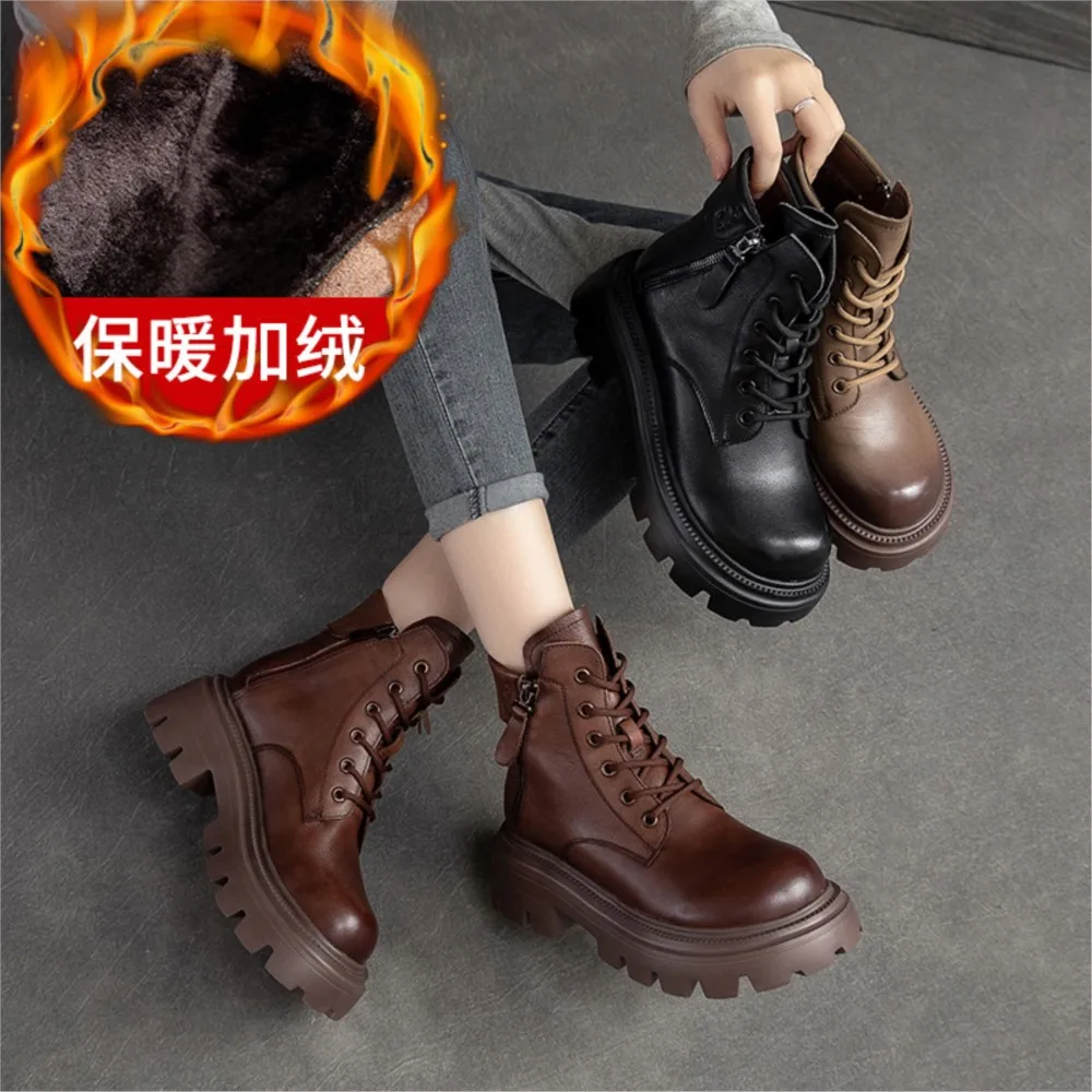 Genuine Leather Sewing Handmade Retro Waterproof Lace-up Winter Ziper Round Toe Women Shoes Ankle Platform Boots