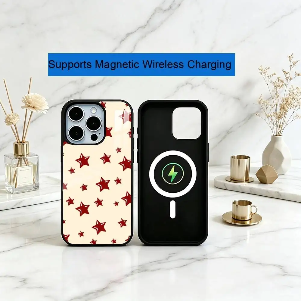 Ins Korea Red-d Stars-s Phone Case For iPhone17,16,15,14,13,12,11 Plus,Pro Compatible with magnetic wireless charging
