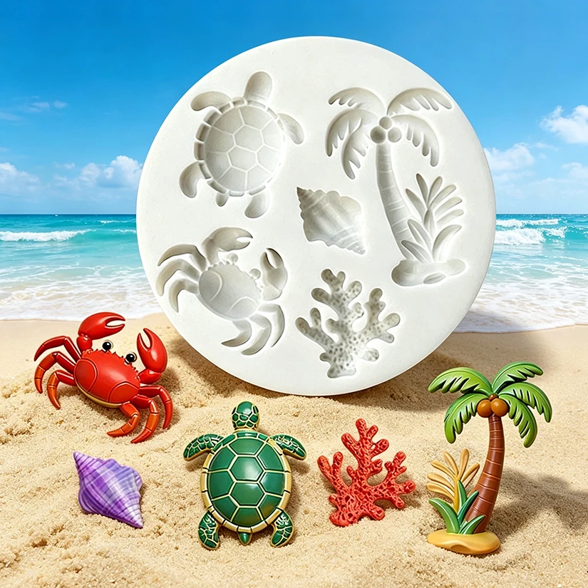 Sea Turtle Crab Coconut Tree Ocean Silicone Sugarcraft Mold Chocolate Cupcake Baking Mould Fondant Cake Decorating Tools