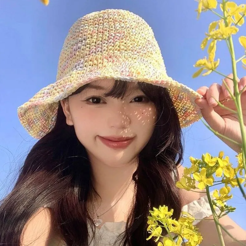 

Summer Dopamine Mixed Color Hollow Straw Women's Caps Seaside Beach Breathable Sunscreen Show Face Small Foldable Bucket Hat