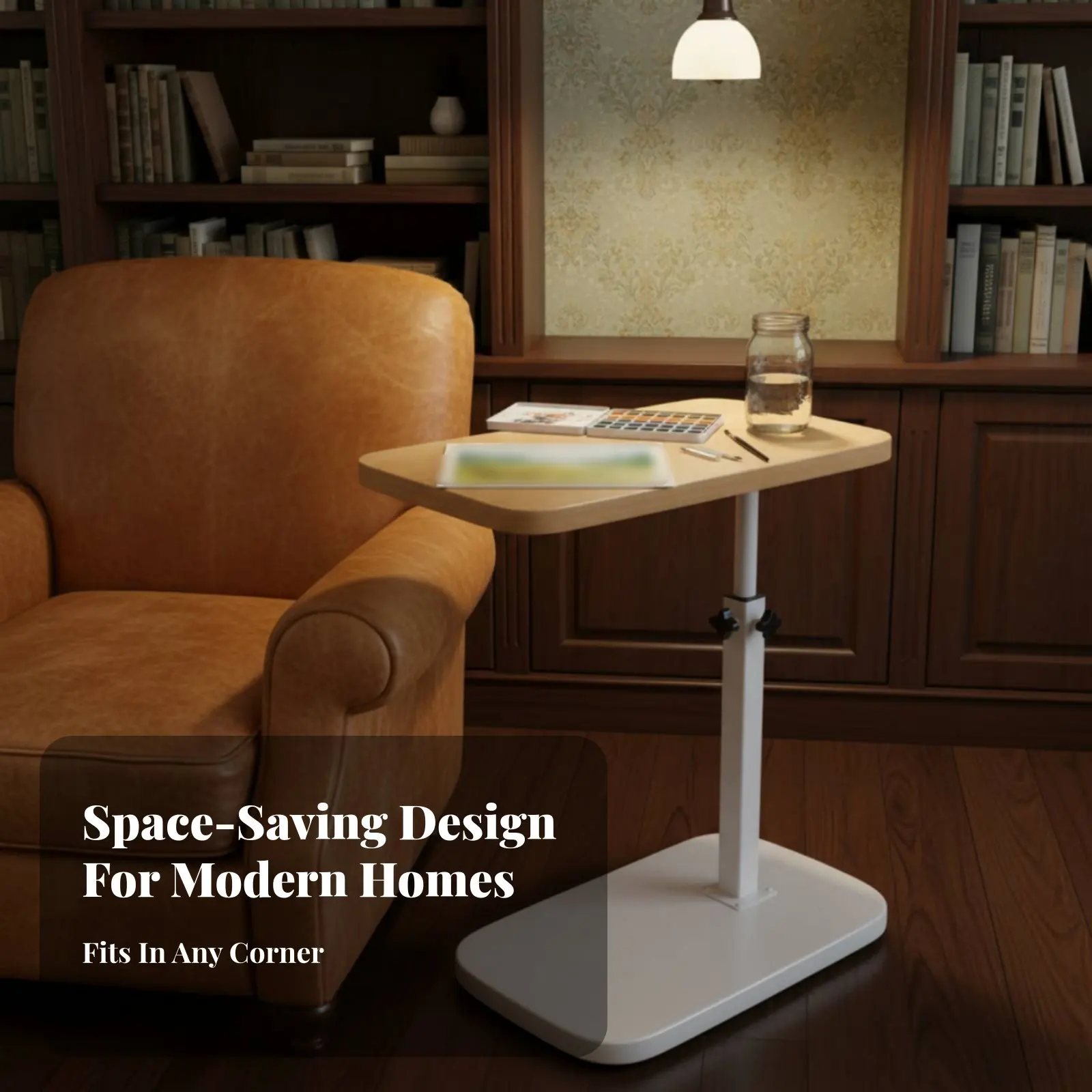 Adjustable Height Side Table Sturdy Steel Frame Overbed Laptop Table Rotate Top Bedside Desk Rounded Corners Household Furniture