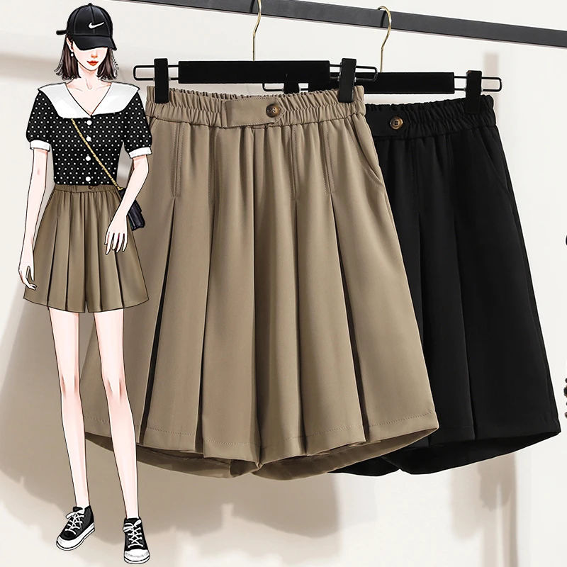 

Solid Color Simple Pleated Suits Shorts Office Lady Elastic Waist Casual Loose A-line Half Length Pants Women's Basic Clothing