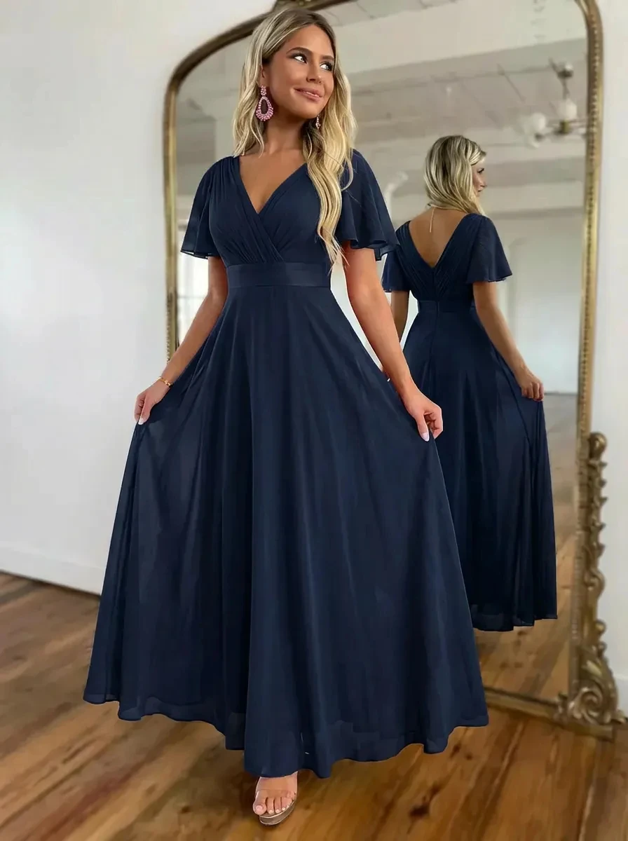 Flowey Navy Blue Simple Bridesmaid Dresses 2025 Modern V-neckline A Line Tulle Skirt Long Evening Prom Gowns for Wedding Party