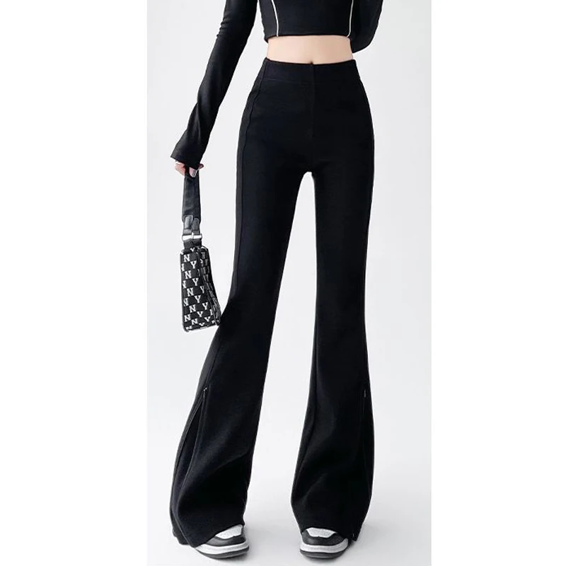 Pantalon évasé taille haute pour femme, pantalon de survêtement chic, demi-fermeture éclair, streetwear Y2K, mode coréenne, Harajuku, monochromatique, coupe couvertes