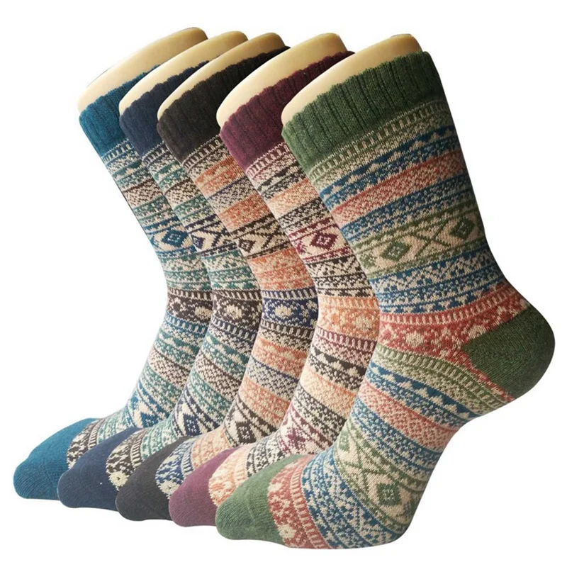 

5 Pairs Warm Retro Ethnic Socks for Women Winter Thermal Thick Knitted Boot Socks Soft Comfortable Non-Slip Outdoor Hiking Socks