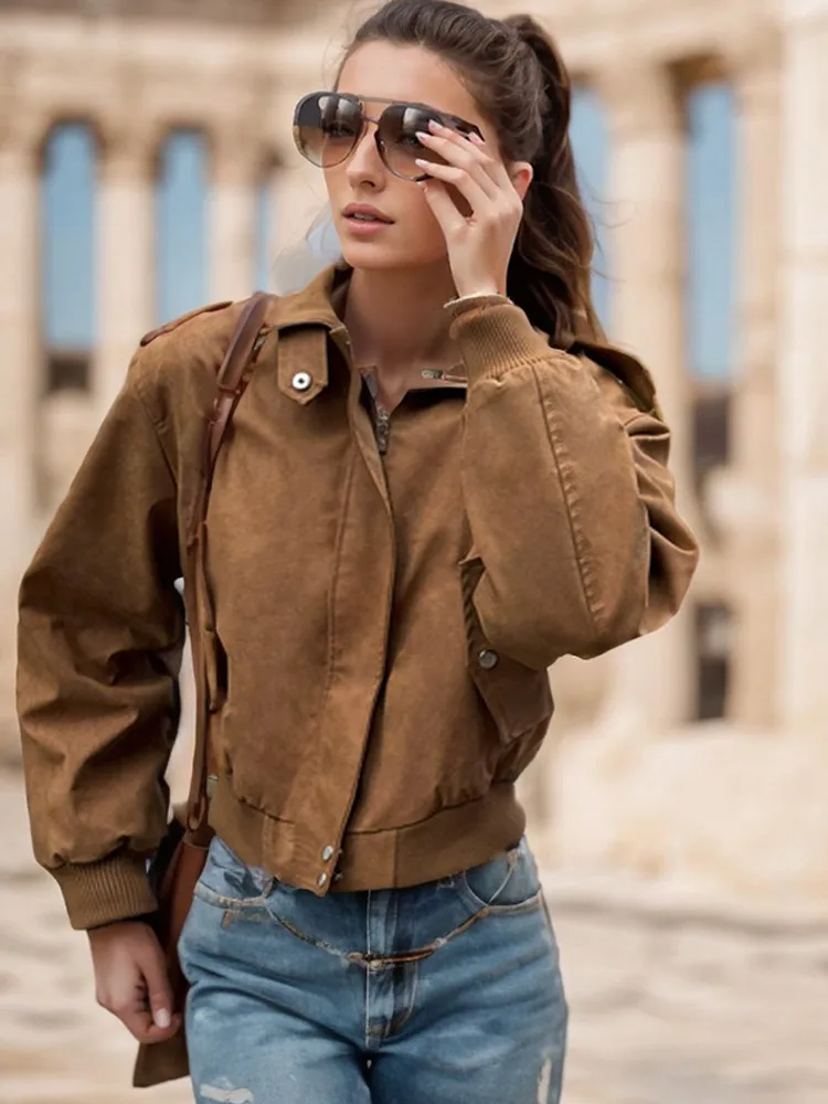 

Women's Brown Cropped Suede Bomber Jacket Fashion Lapel Long Sleeve Zipper Pocket Coat 2025 Autumn Lady Chic High Street Outwear
