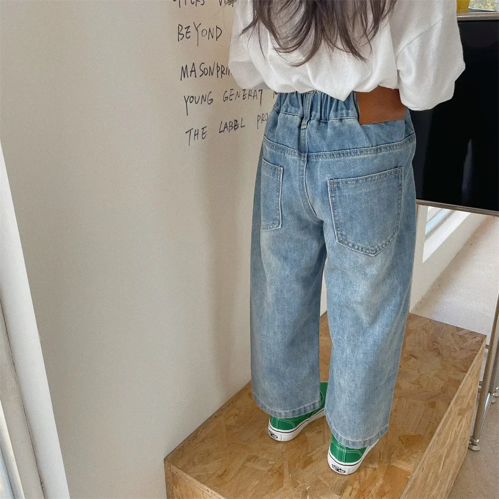 Spring Autumn girls fashion all-match straight jeans 2-6 years Kids retro style loose denim trousers