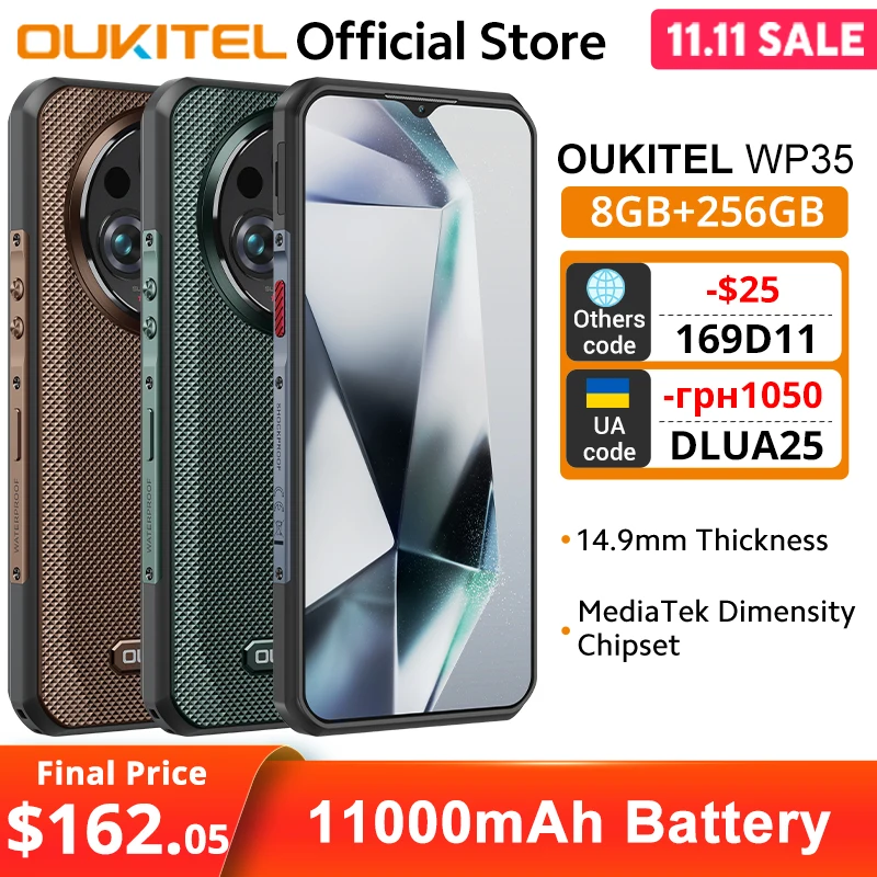 Oukitel WP35 5G Rugged Smartphone 2.4K Display MTK Dimensity 6100+ 11000mAh 8GB+256GB 64MP Rear Camera Mobile Phone Android 14