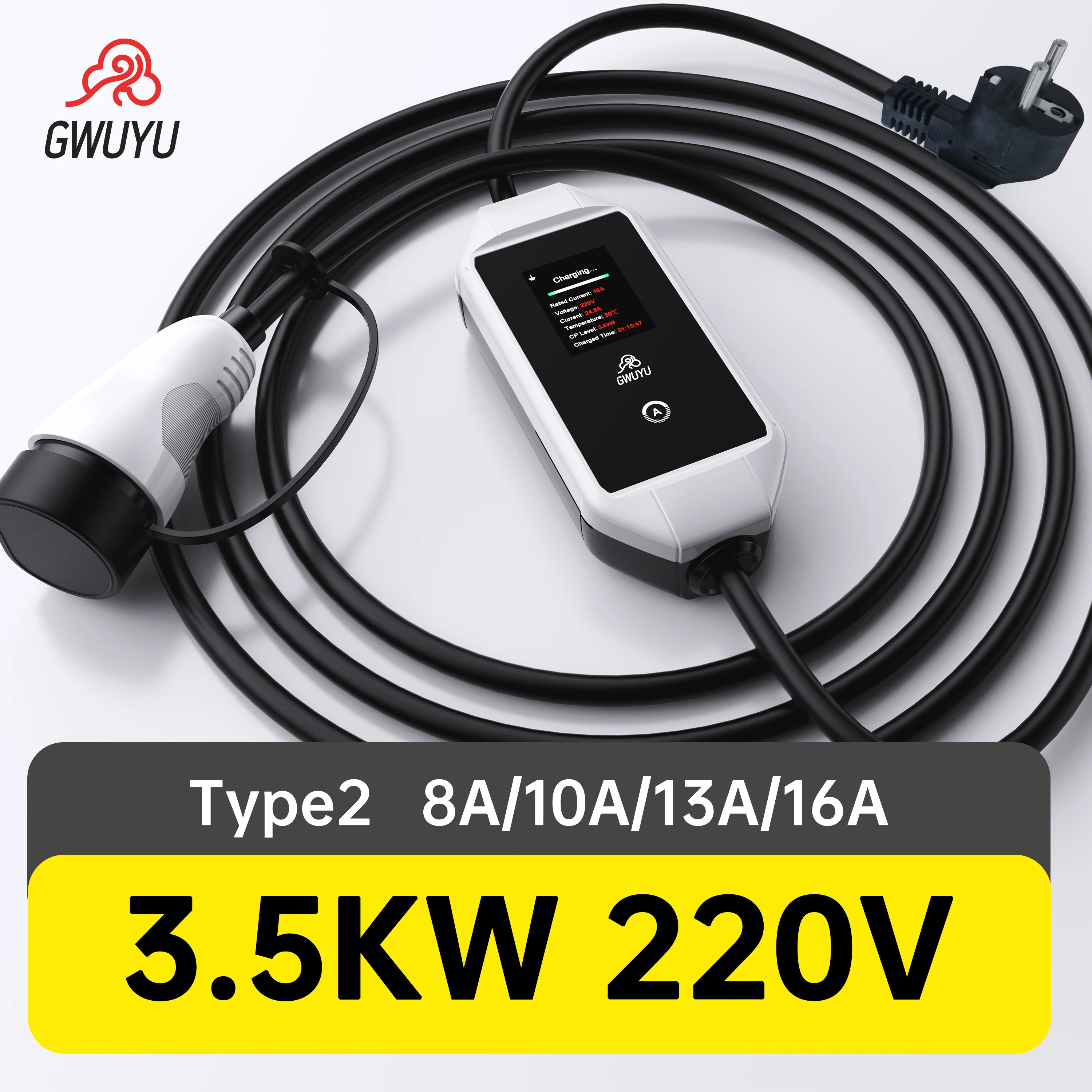 GWUYU EV Portable Charger Type2 Plug IEC62196-2 Current Adjustable 3.5KW with 5m Charging Cable LED Screen for Electric Car