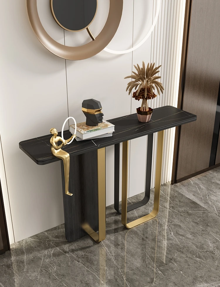 Modern luxury contemporary hall table console golden marble wood panels, living room furniture expandable