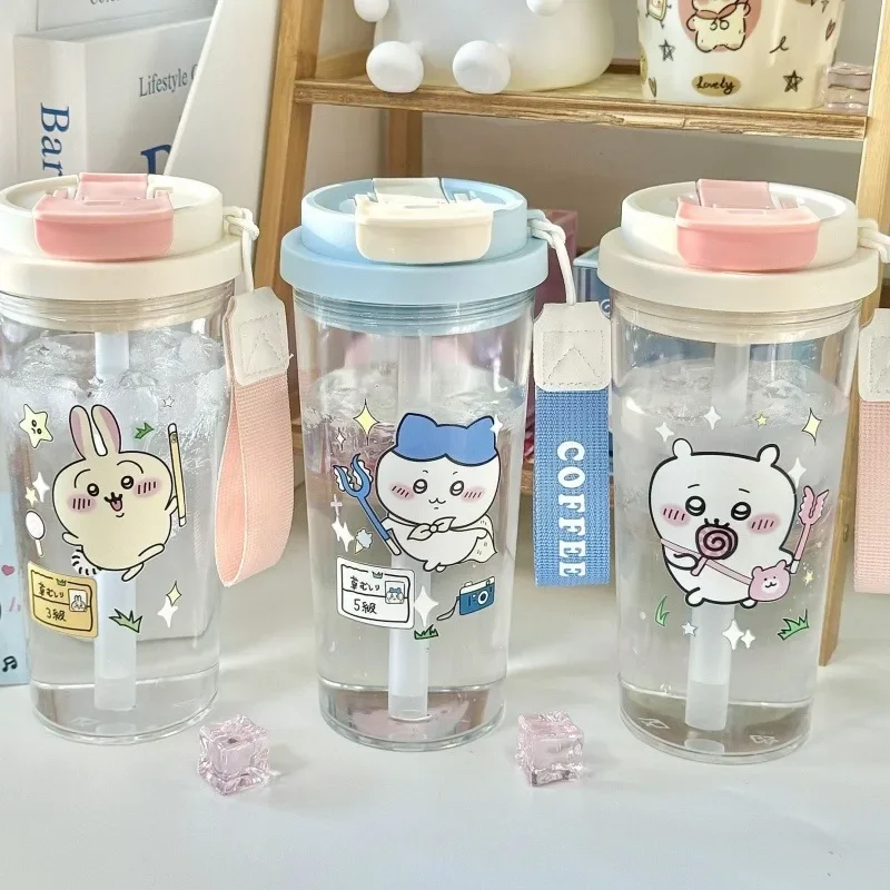 New Hachiware Usagi Chiikawa Practical Double Drinking Straw Cup Anime Kawaii Straight Drinking Mouth Household Water Cup Gift