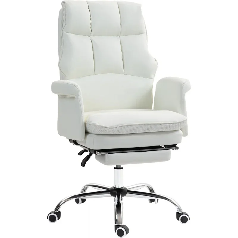 Executive Office Chair, PU Ergonomic Office Desk Chair with Footrest, Reclining and Swivel Chair, White