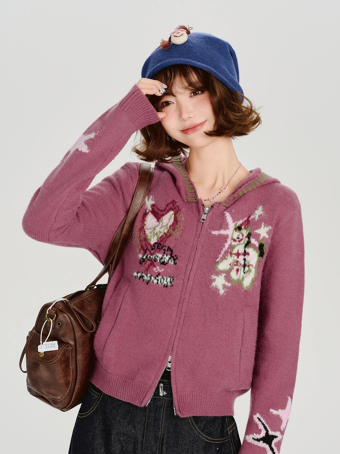 

Girly American Retro Design Hat Knitted Sweater Jaet Women's Autumn Winter New ort Knitted Open Cardigan