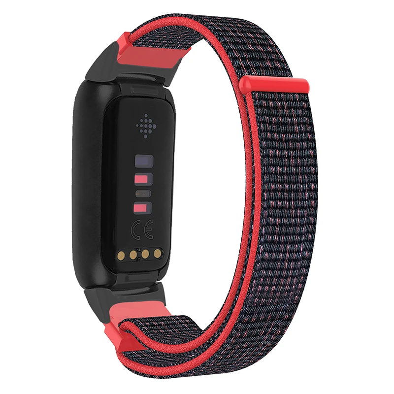 

14mm Loop Fastener Watch Band Nylon Weave Replacement Sport Strap for Fitbit Luxe - Black/Red