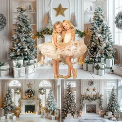 Winter Christmas Photography Backdrop White Fireplace Star-shaped Decoration Golden Toy Beige Background Photo Studio Photo-call