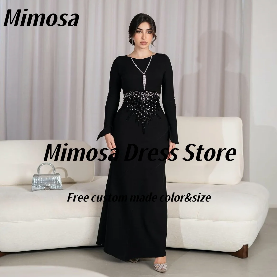 

Mimosa 2025 Черные платья для выпускного вечера с бисером Сексуальная спина Robes De Soirée с длинными рукавами Саудовское коктейльное вечернее платье по индивидуальному заказу