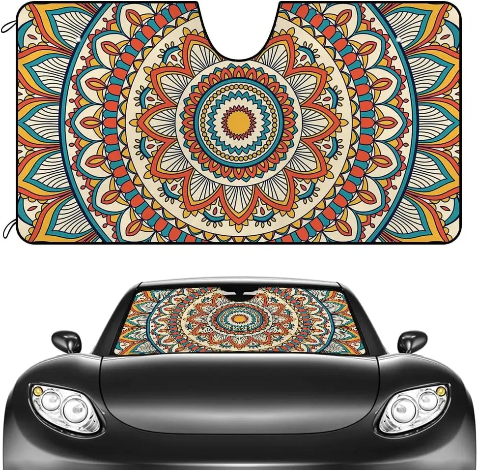 

CafeTime Car Front Windshield Sunshade Mandala Floral Bohemian Boho Style Decor Vehicle Sun Shade Visor UV Ray Reflector Sun Pro