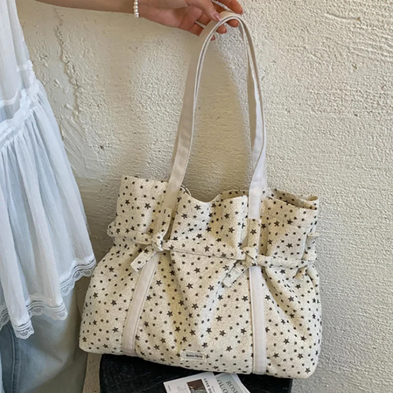 

Korean Stylish Star Print Tote Bag Pleated Design Magnetic Clasp Shoulder Bag Women's Large Capacity Casual Commuter Handbag