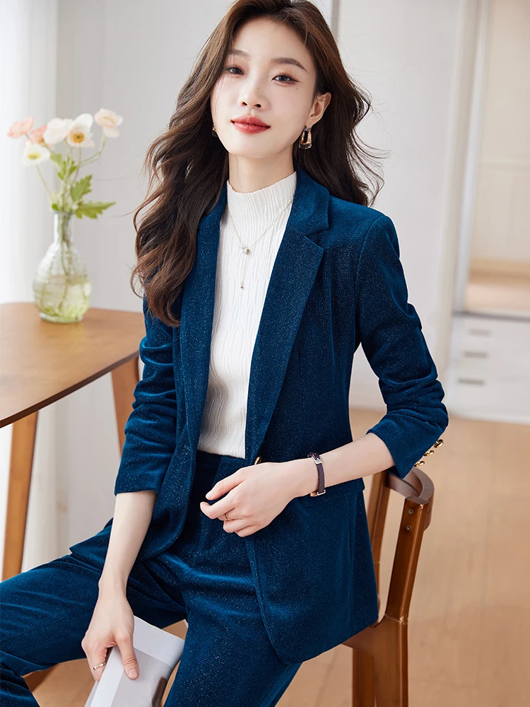 Blue Coffee Women Pant Suit Blazer Ladies Jacket And Trouser Female Business Work Wear Formal 2 Piece Set For Autumn Winter