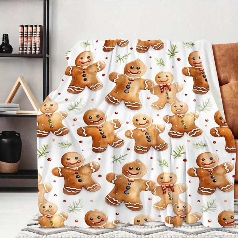 

Мягкое одеяло с принтом в виде милого имбирного человечка и снежинок, белое, для рождественского подарка, идеально подходит для семьи, портативное