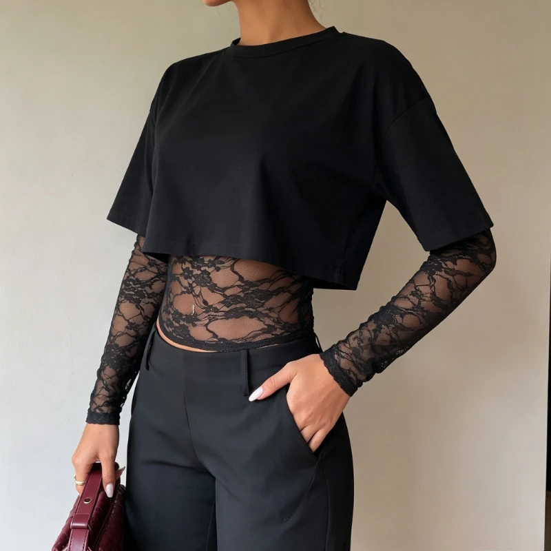 2026 Autumn Women Y2K Fake‑Two‑Piece Crop Top Round Neck Brown Lace Spliced Sheer Mesh Long‑Sleeve T‑Shirt Casual Daily Tops