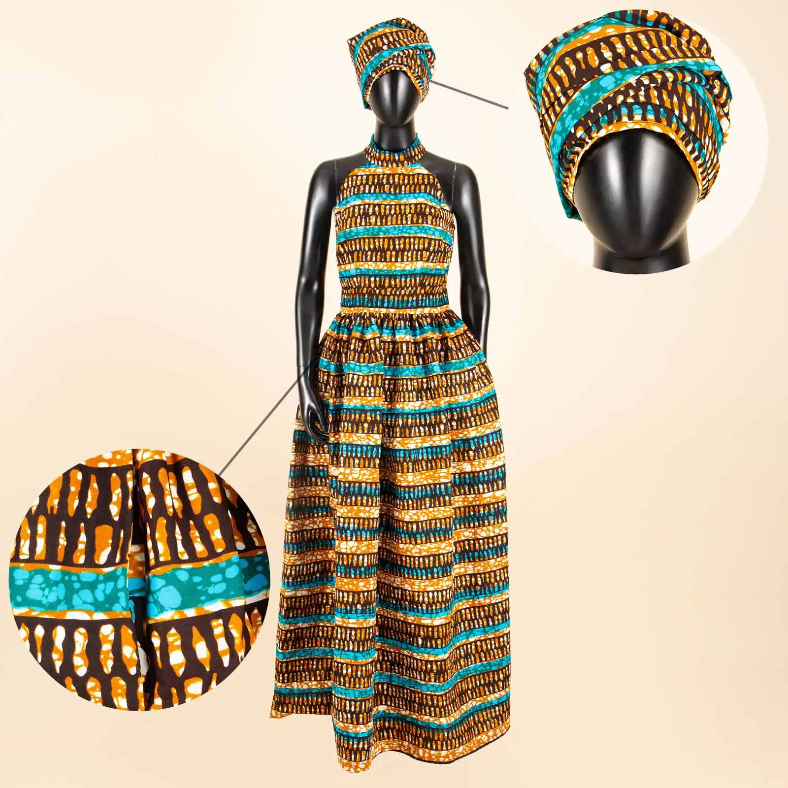 2026AFRIPRIDE African dresses for women Print Sleeveless Vintage Bow Halter Floor- Length  Maxi dresses with headscraf S1925014